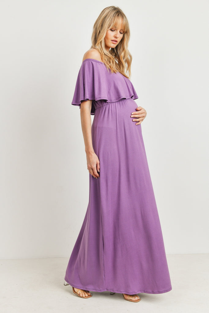 Lilac Ruffle Off Shoulder Solid Maternity Dress