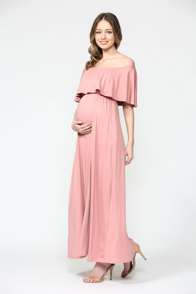 Mauve Ruffle Off Shoulder Solid Maternity Dress