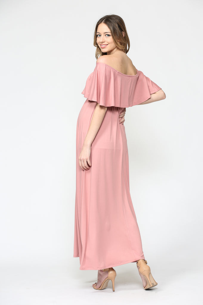 Mauve Ruffle Off Shoulder Solid Maternity Dress