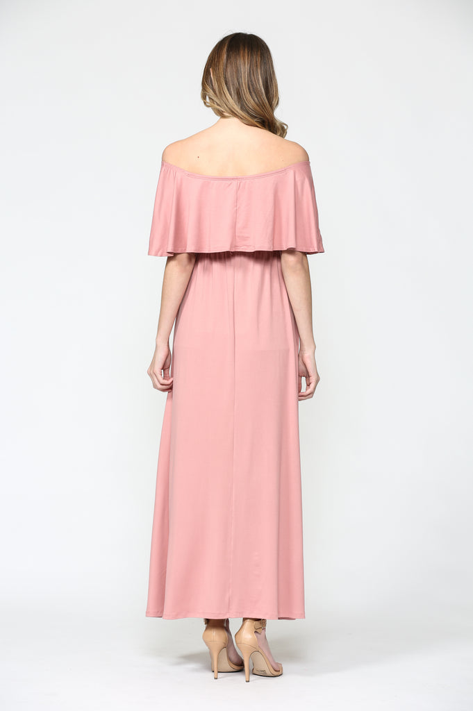 Mauve Ruffle Off Shoulder Solid Maternity Dress