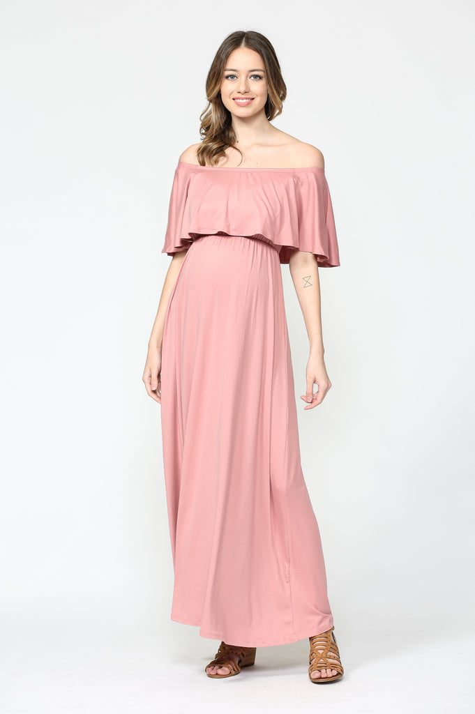 Mauve Ruffle Off Shoulder Solid Maternity Dress