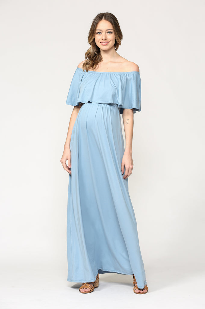 Chambray Ruffle Off Shoulder Solid Maternity Dress