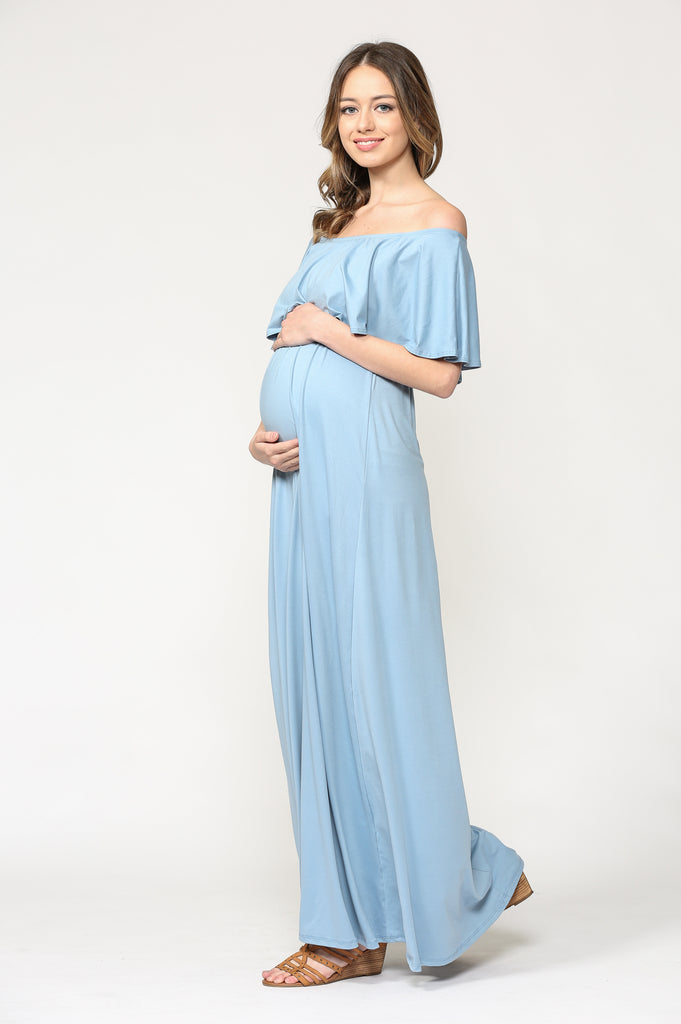 Chambray Ruffle Off Shoulder Solid Maternity Dress