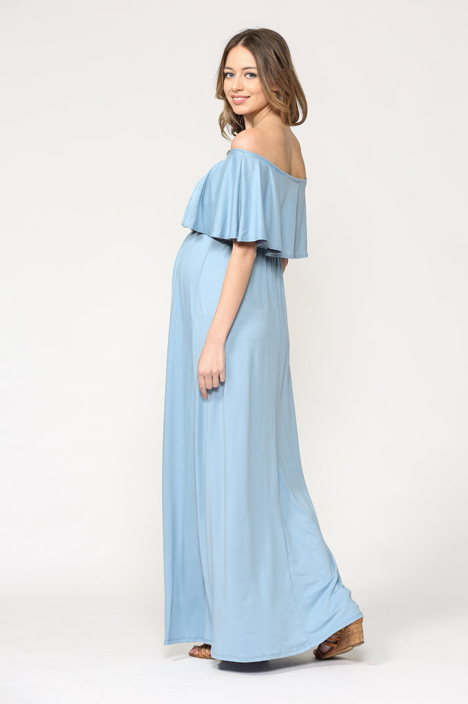 Chambray Ruffle Off Shoulder Solid Maternity Dress