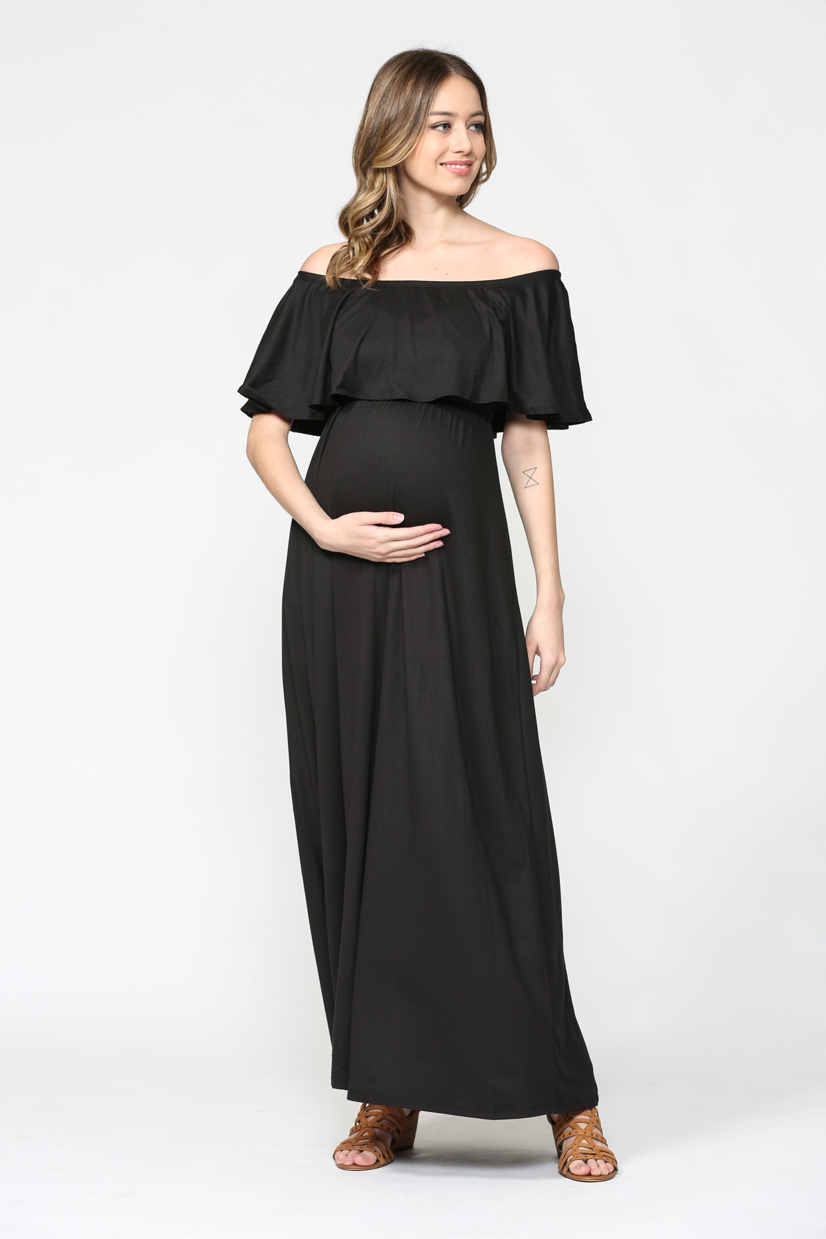 Ruffle Off Shoulder Solid Maternity Dress Black / SMALL