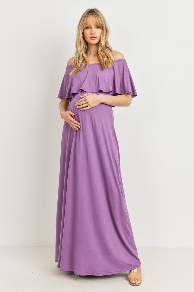 Lilac Ruffle Off Shoulder Solid Maternity Dress