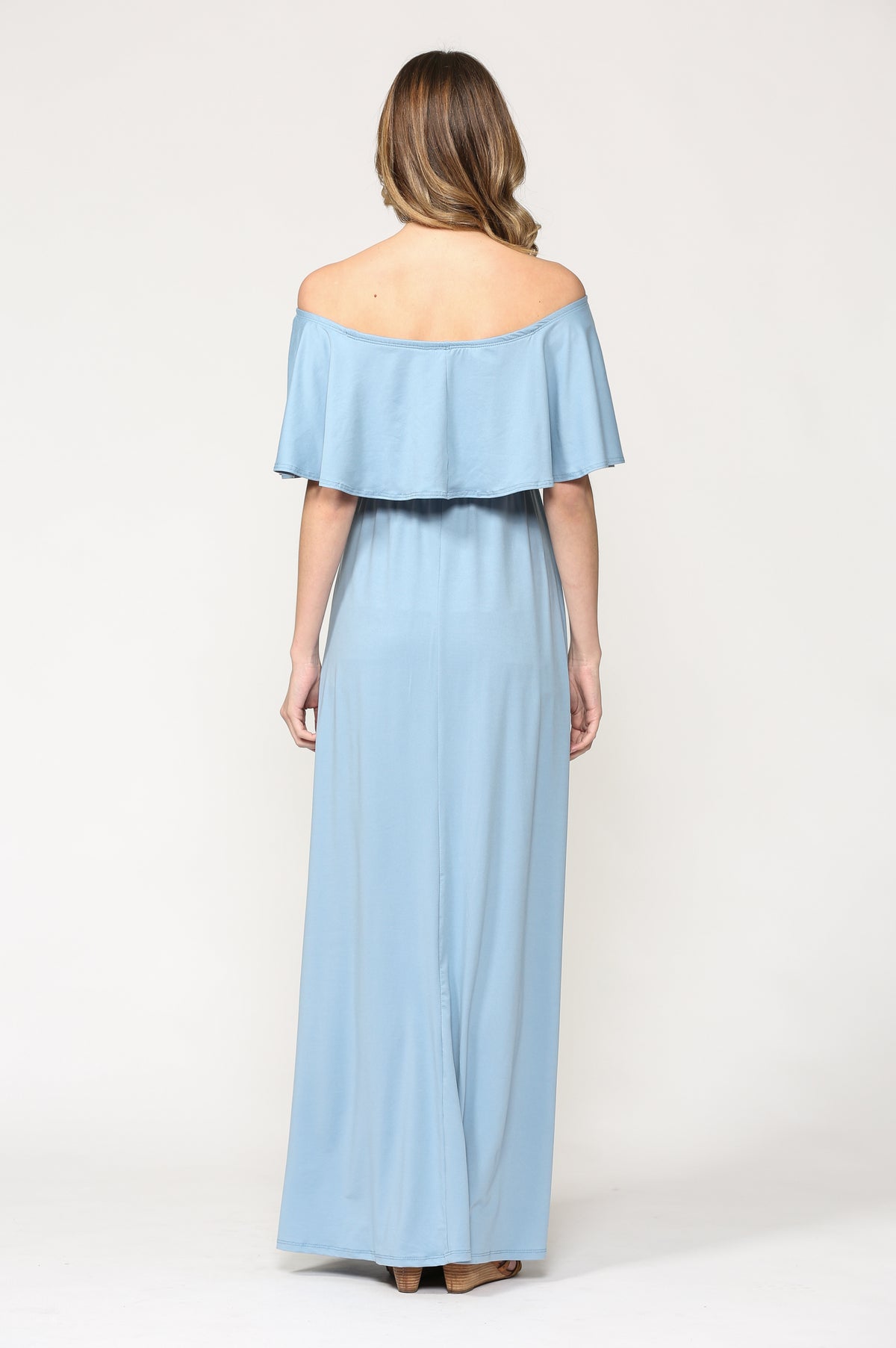 Chambray Ruffle Off Shoulder Solid Maternity Dress