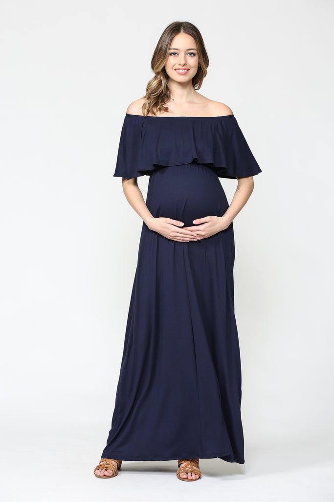 Navy Ruffle Off Shoulder Solid Maternity Dress