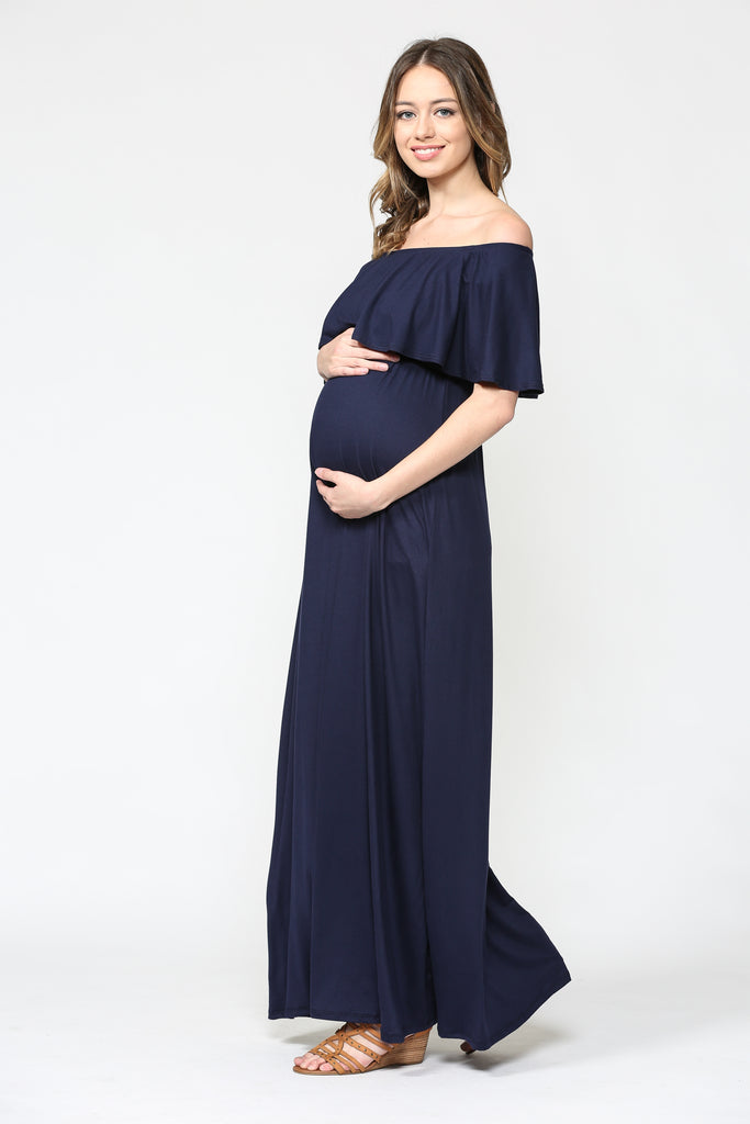 Navy Ruffle Off Shoulder Solid Maternity Dress