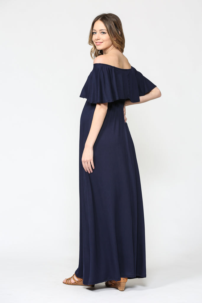 Navy Ruffle Off Shoulder Solid Maternity Dress