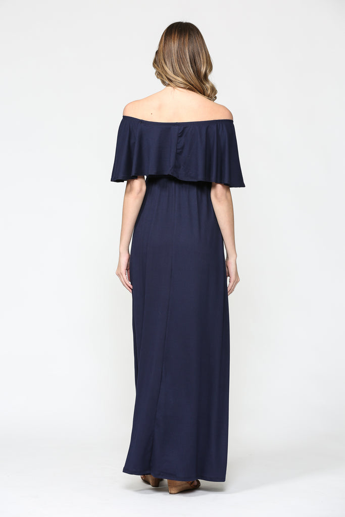 Navy Ruffle Off Shoulder Solid Maternity Dress