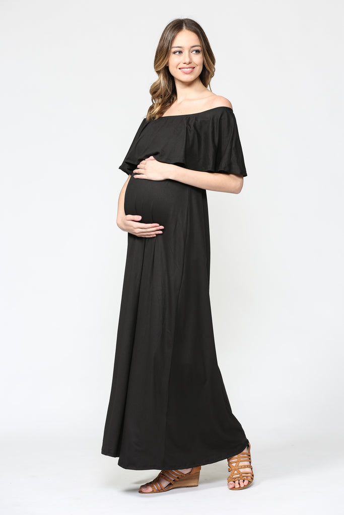 Black Ruffle Off Shoulder Solid Maternity Dress