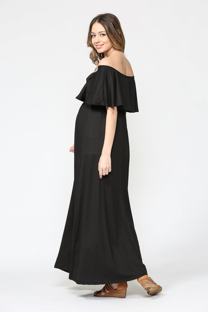 Black Ruffle Off Shoulder Solid Maternity Dress