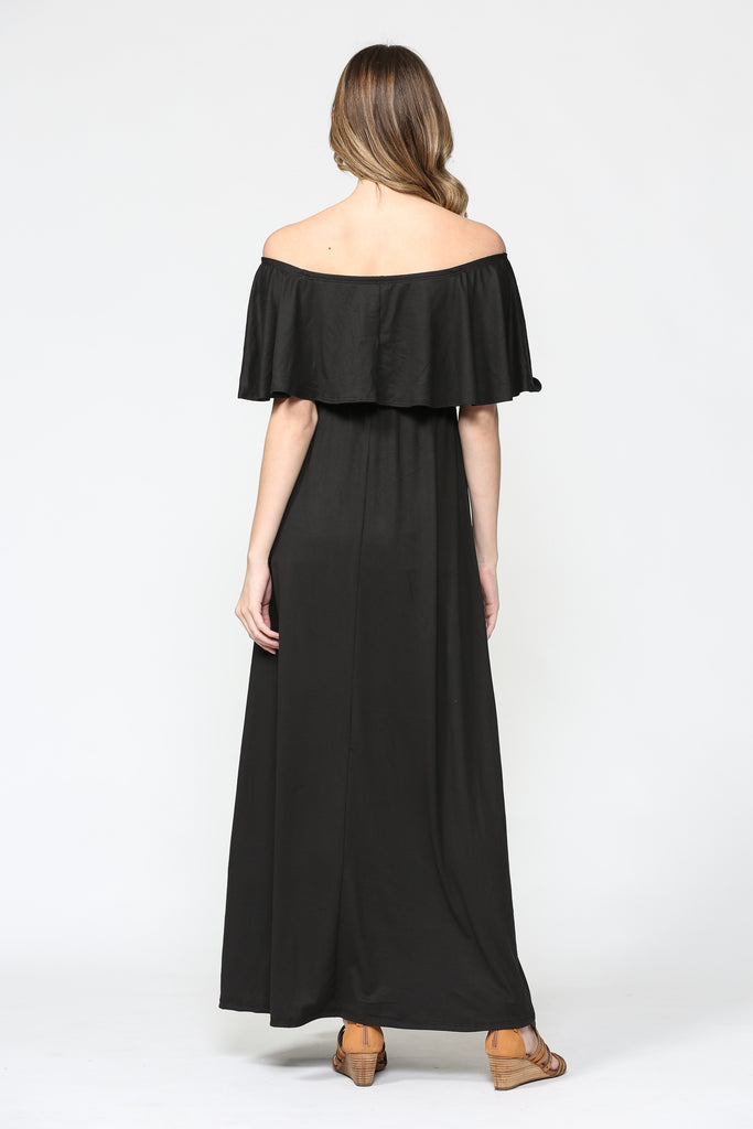 Black Ruffle Off Shoulder Solid Maternity Dress