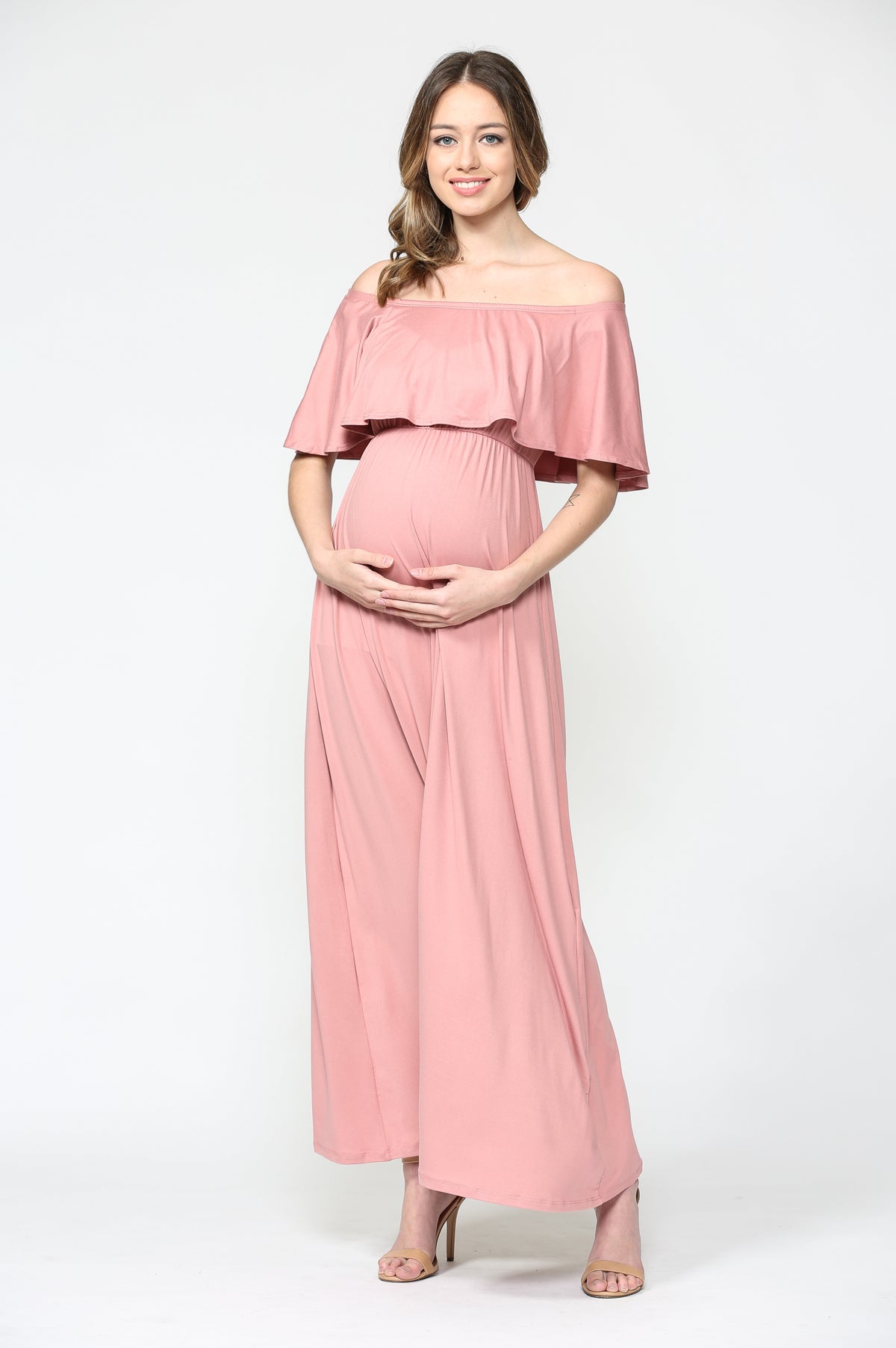 Mauve Ruffle Off Shoulder Solid Maternity Dress
