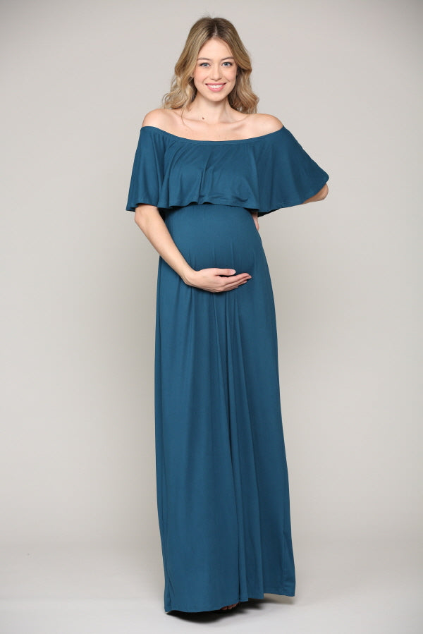Teal Ruffle Off Shoulder Solid Maternity Dress