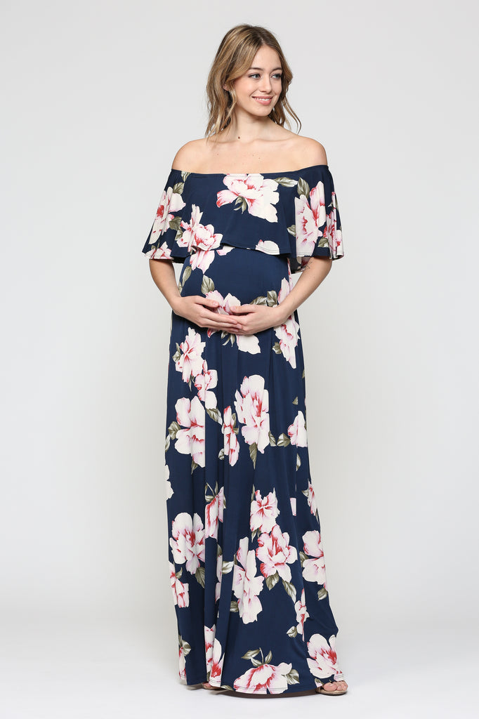 Navy Floral Ruffle Off Shoulder Maternity Maxi Dress
