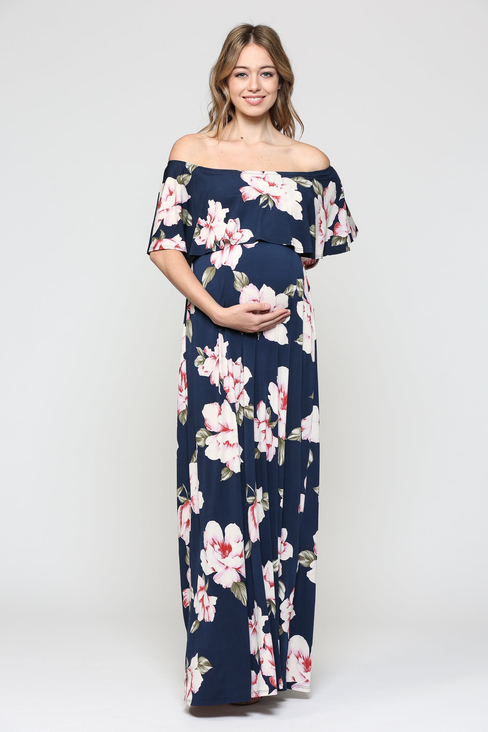 Floral Ruffle Off Shoulder Maternity Maxi Dress NAVY BLUSH / MEDIUM Floral Ruffle Off Shoulder Maternity Maxi Dress NAVY BLUSH / MEDIUM