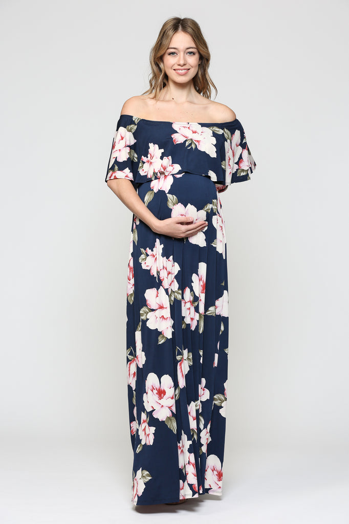 Navy Floral Ruffle Off Shoulder Maternity Maxi Dress