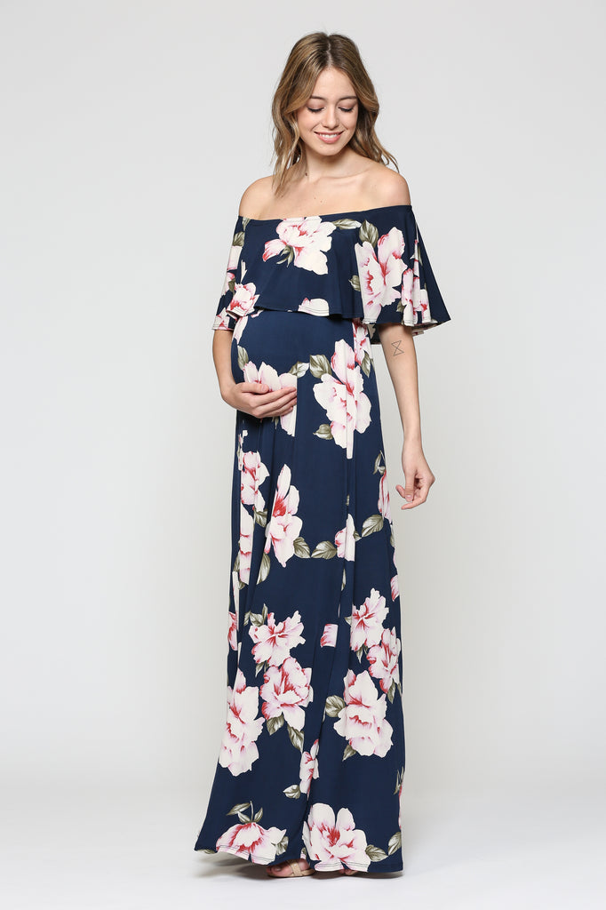 Navy Floral Ruffle Off Shoulder Maternity Maxi Dress