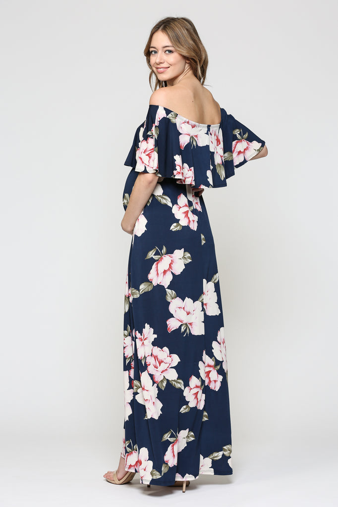 Navy Floral Ruffle Off Shoulder Maternity Maxi Dress