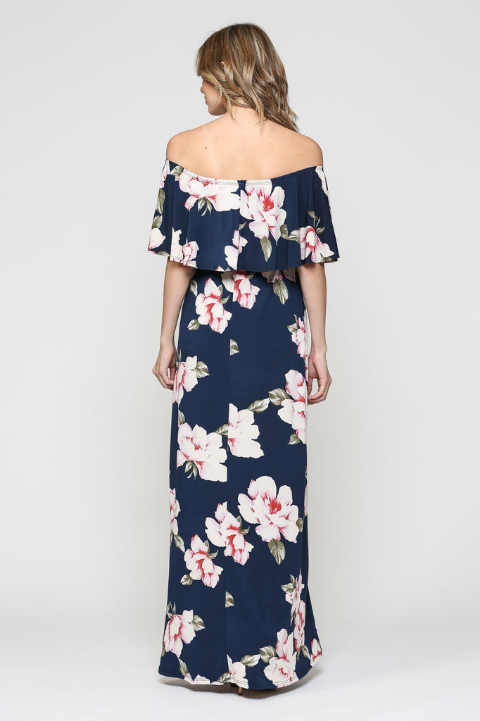 Navy Floral Ruffle Off Shoulder Maternity Maxi Dress