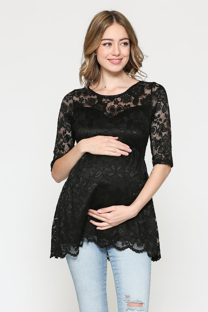 Black Lace Draped Empire Waist Maternity Top
