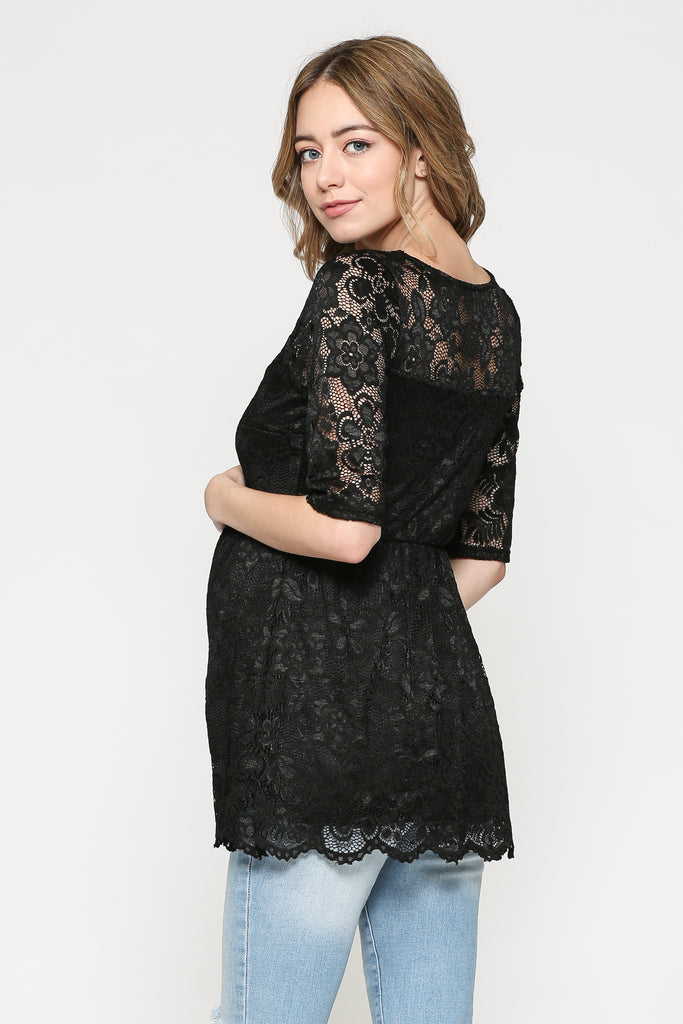 Black Lace Draped Empire Waist Maternity Top