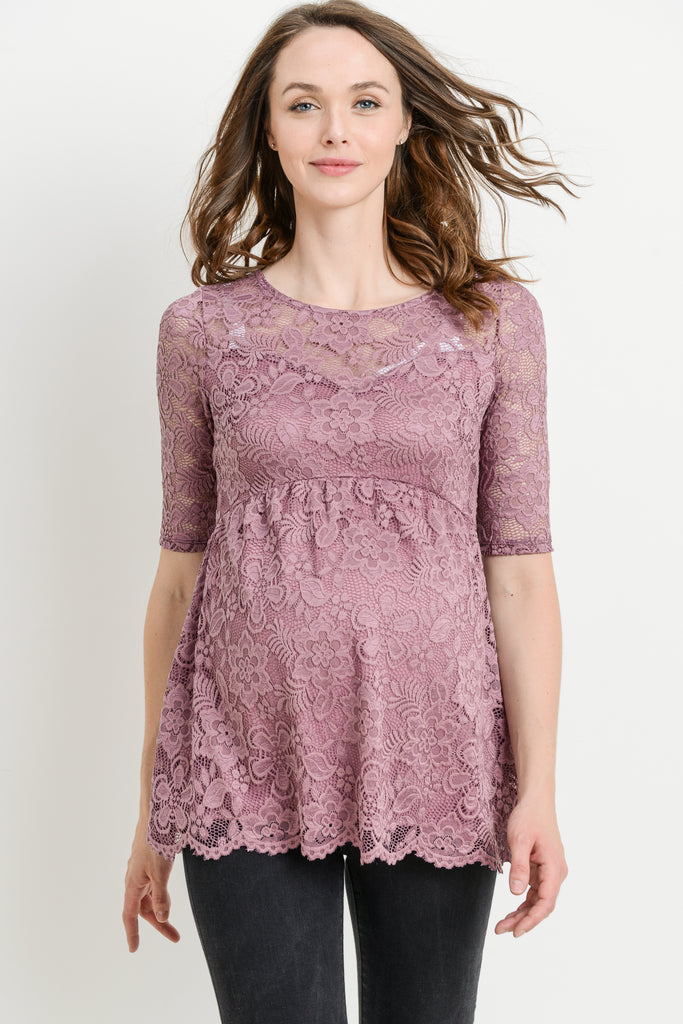 Mauve Lace Draped Empire Waist Maternity Top