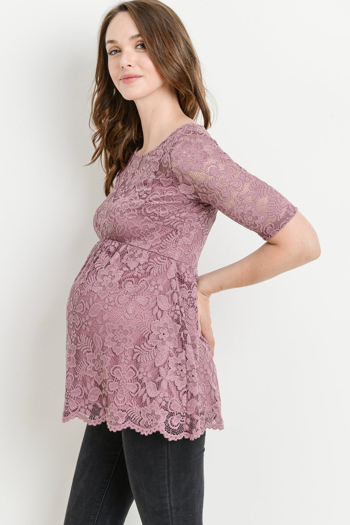 Mauve Lace Draped Empire Waist Maternity Top