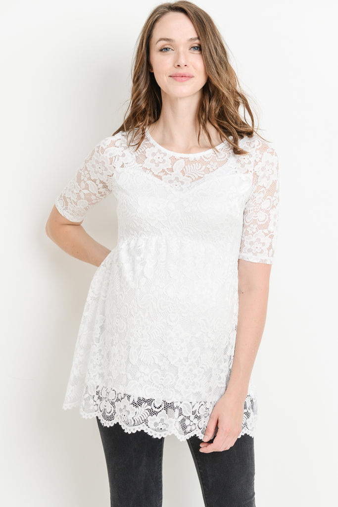 White Lace Draped Empire Waist Maternity Top