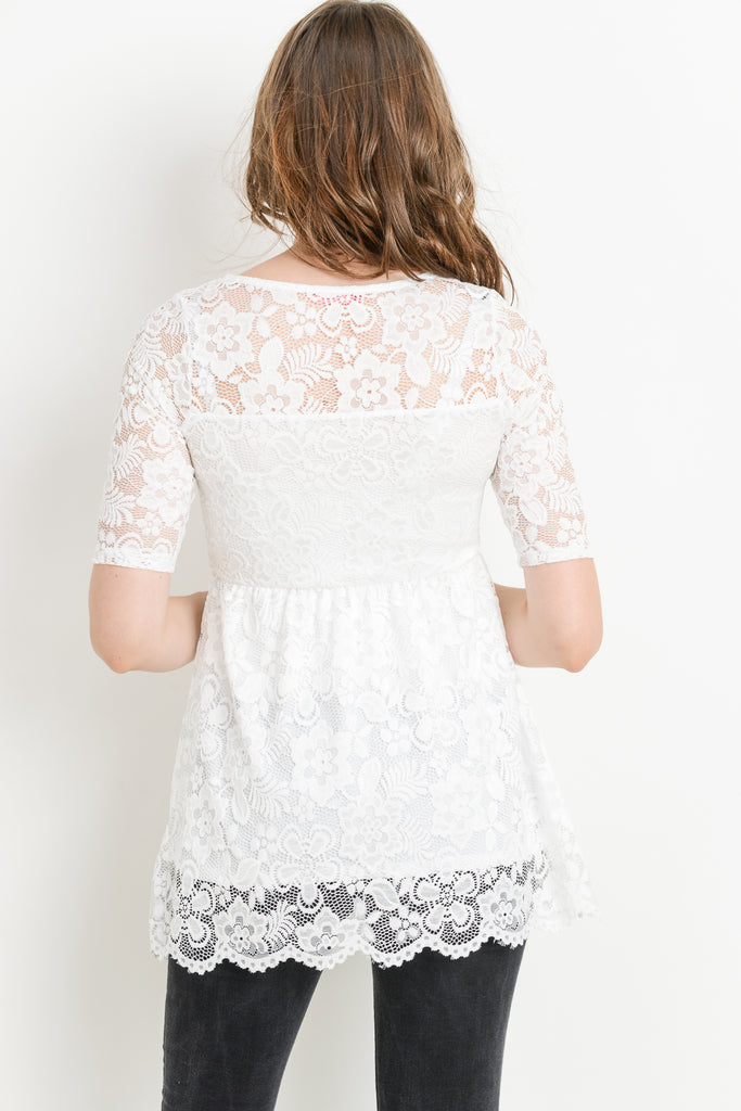 White Lace Draped Empire Waist Maternity Top