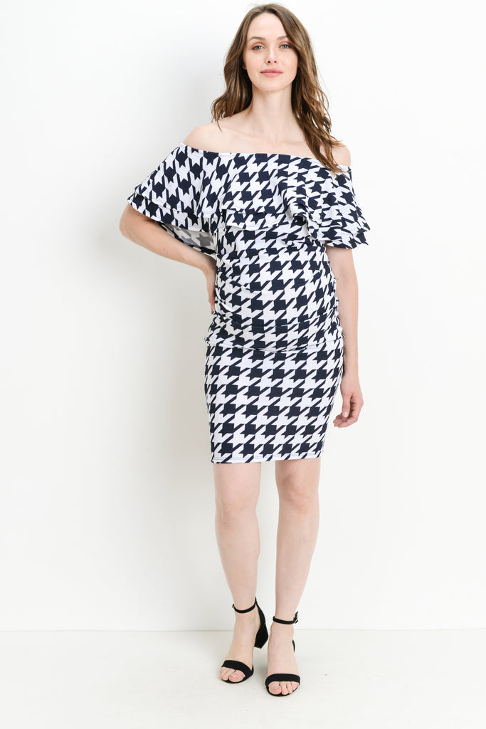 Navy/White Hound's Tooth Ruffle Off Shoulder Maternity Dress