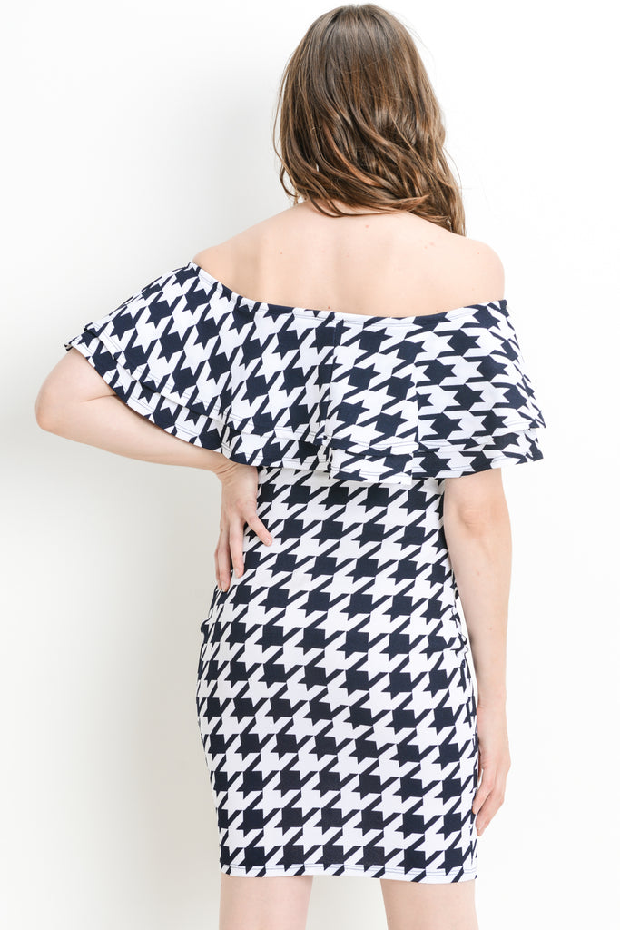 Navy/White Hound's Tooth Ruffle Off Shoulder Maternity Dress