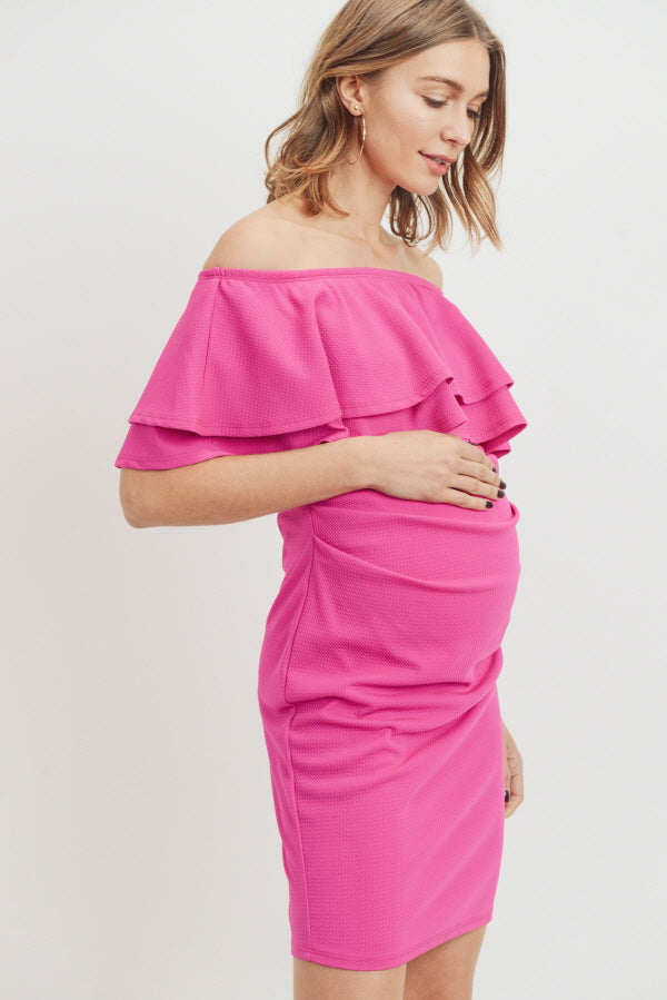 Fuchsia Double Ruffle Off Shoulder Maternity Dress