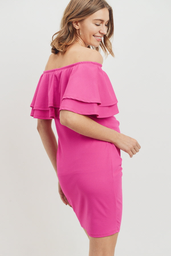 Fuchsia Double Ruffle Off Shoulder Maternity Dress