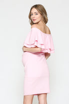 Pink Double Ruffle Off Shoulder Maternity Dress