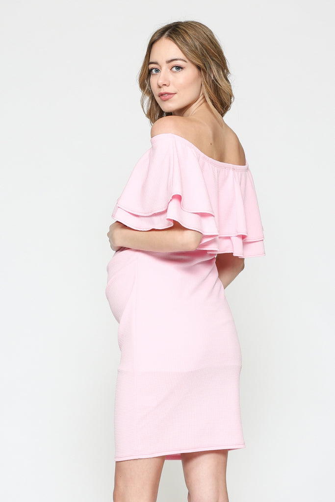 Pink Double Ruffle Off Shoulder Maternity Dress