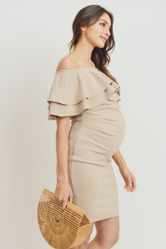Taupe Double Ruffle Off Shoulder Maternity Dress