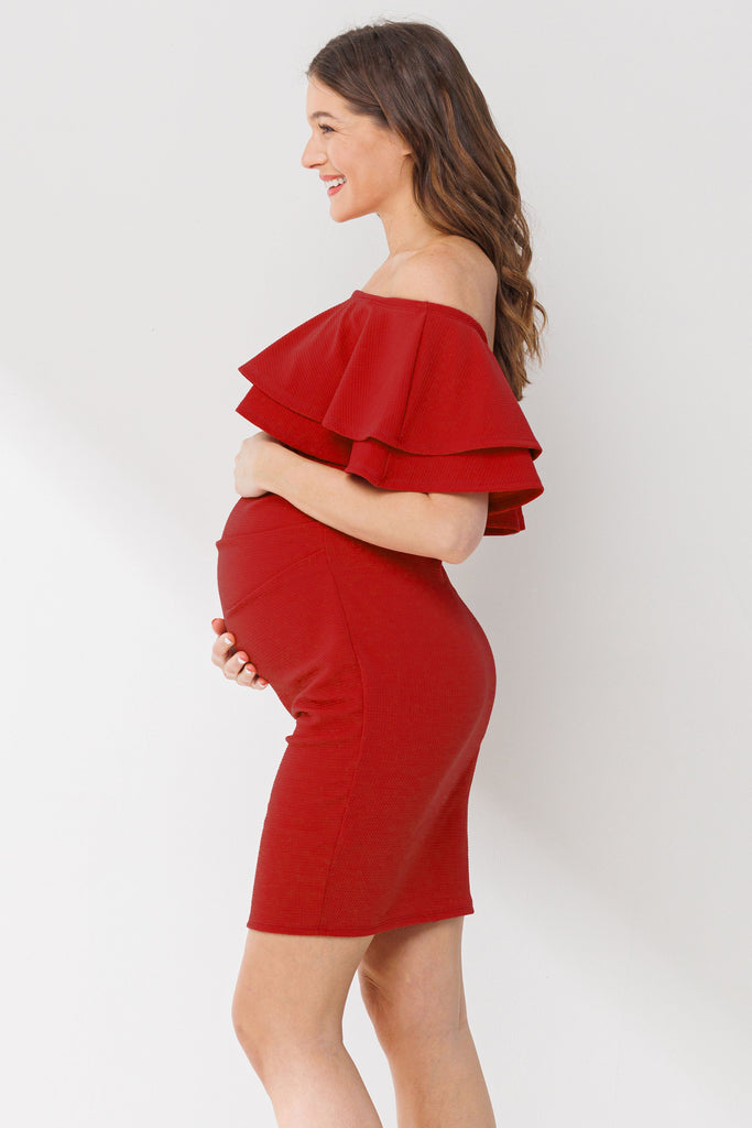 Red Double Ruffle Off Shoulder Maternity Dress