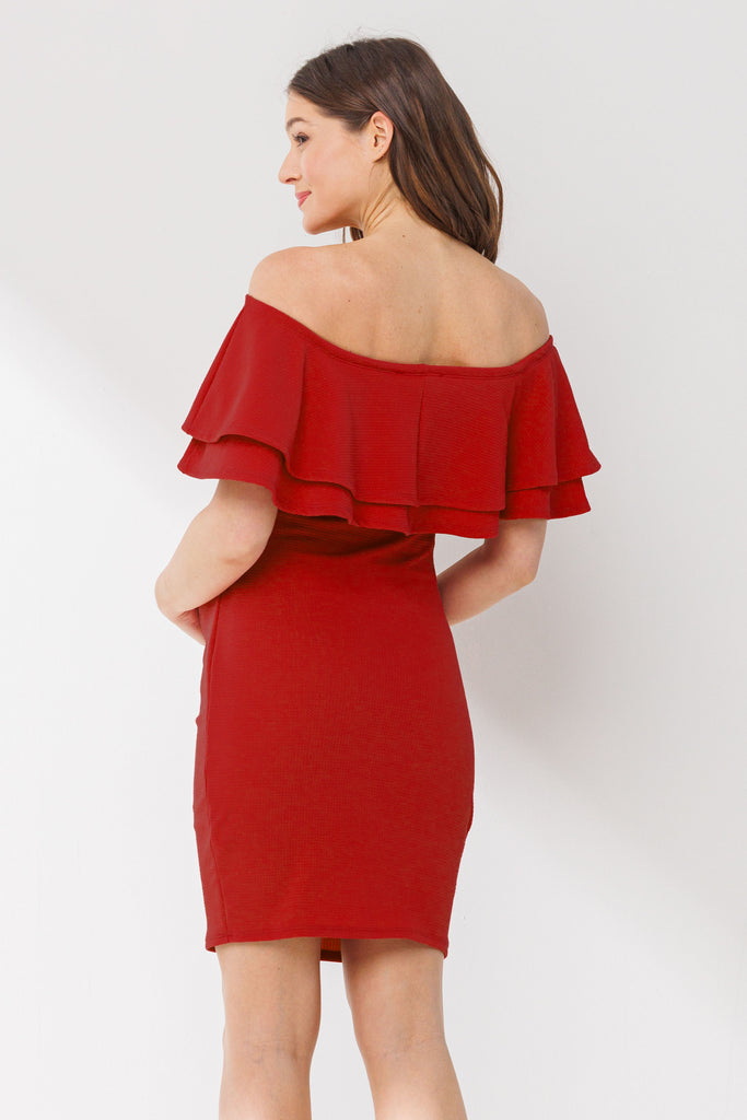 Red Double Ruffle Off Shoulder Maternity Dress