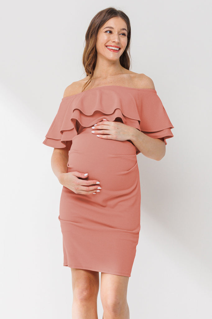 Mauve Double Ruffle Off Shoulder Maternity Dress