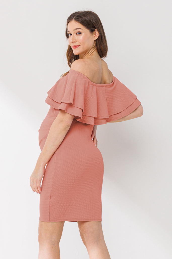 Mauve Double Ruffle Off Shoulder Maternity Dress