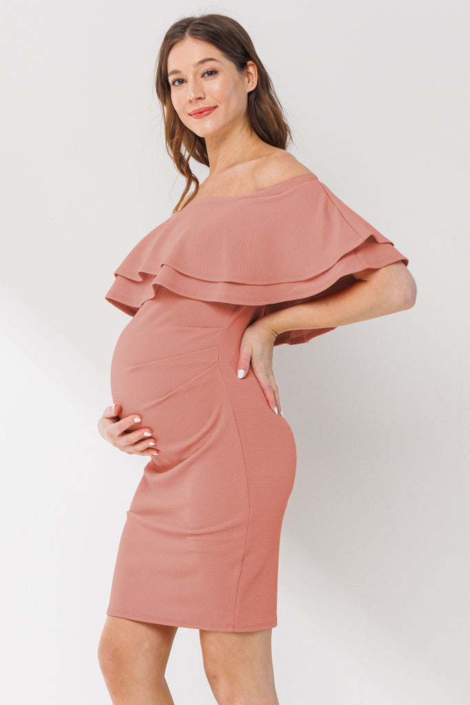 Mauve Double Ruffle Off Shoulder Maternity Dress