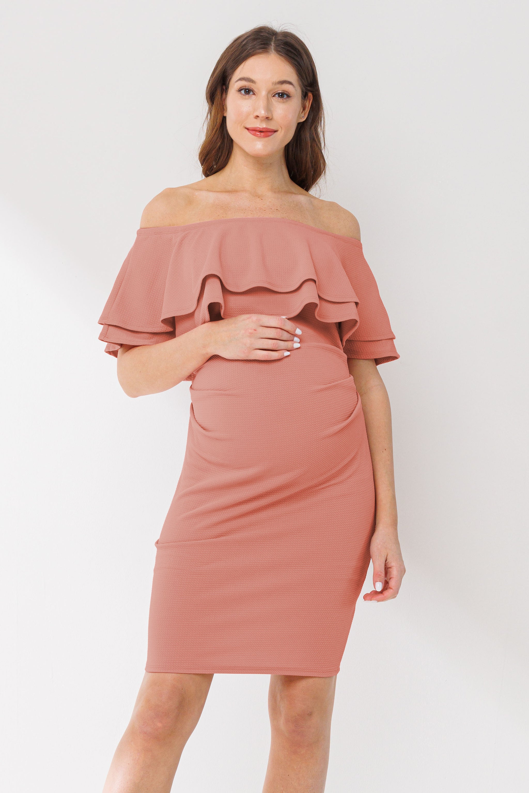 pink ruffle off the shoulder maternity dress Double Ruffle Off Shoulder Maternity Dress – HELLO MIZ