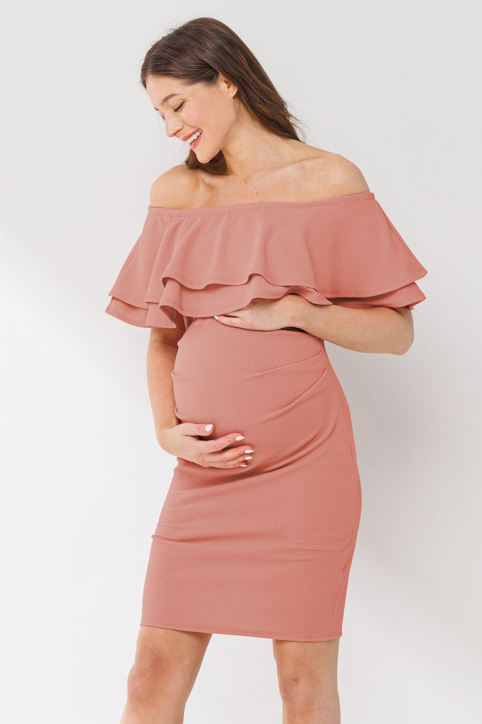 Mauve Double Ruffle Off Shoulder Maternity Dress