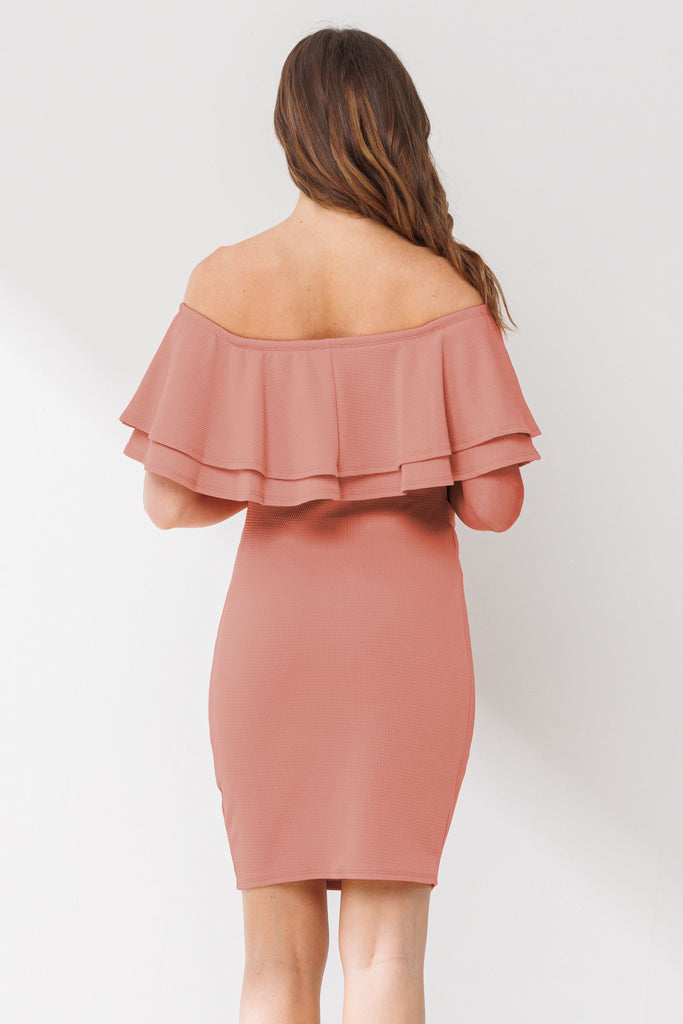 Mauve Double Ruffle Off Shoulder Maternity Dress