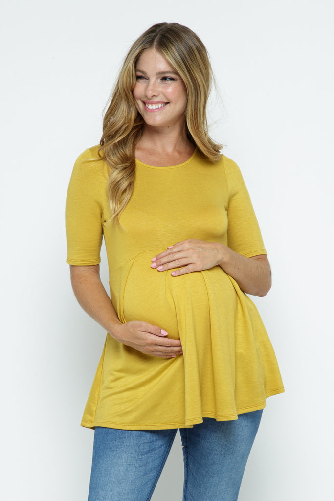 Mustard Solid Front Pleat Peplum Maternity Top