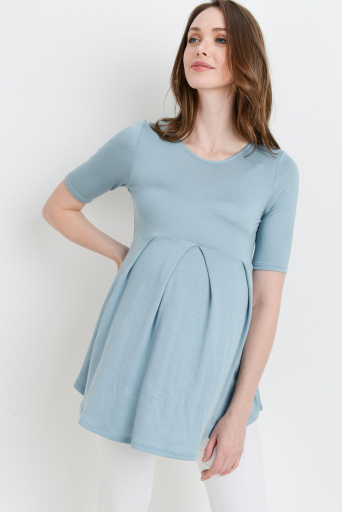 Sea Blue Solid Front Pleat Peplum Maternity Top