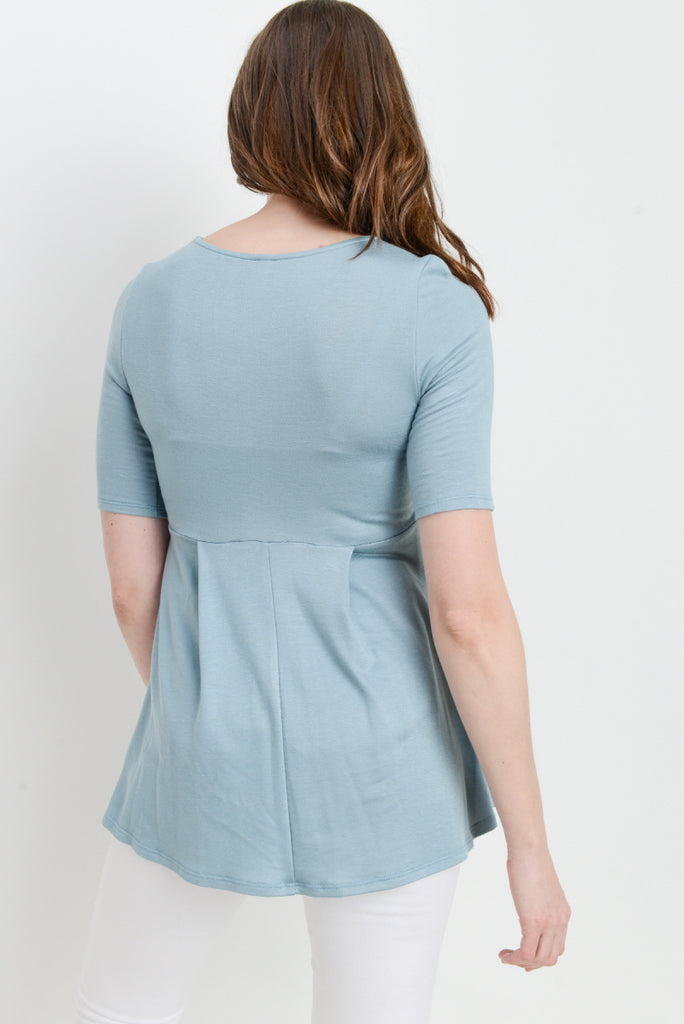 Sea Blue Solid Front Pleat Peplum Maternity Top